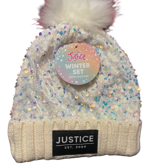 Justice Other - Justice White Sequin Hat with Faux Fur Pom